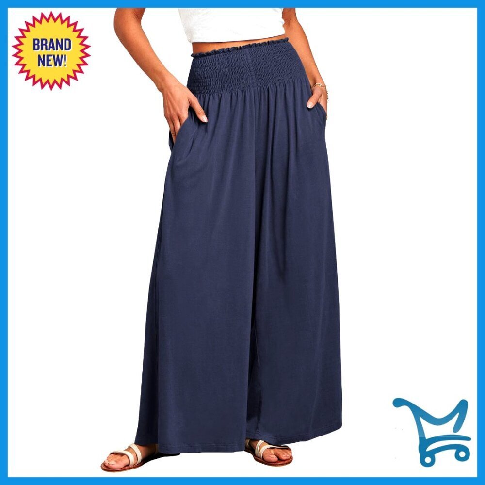 Boho Palazzo Pants Wide Leg Smocked Waist Casual Lounge Loose Fit with Pockets